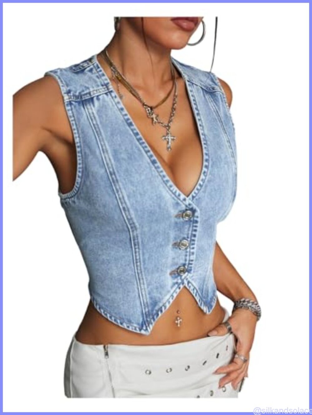 Women's Sleeveless V-Neck Button Up Denim Crop Vest